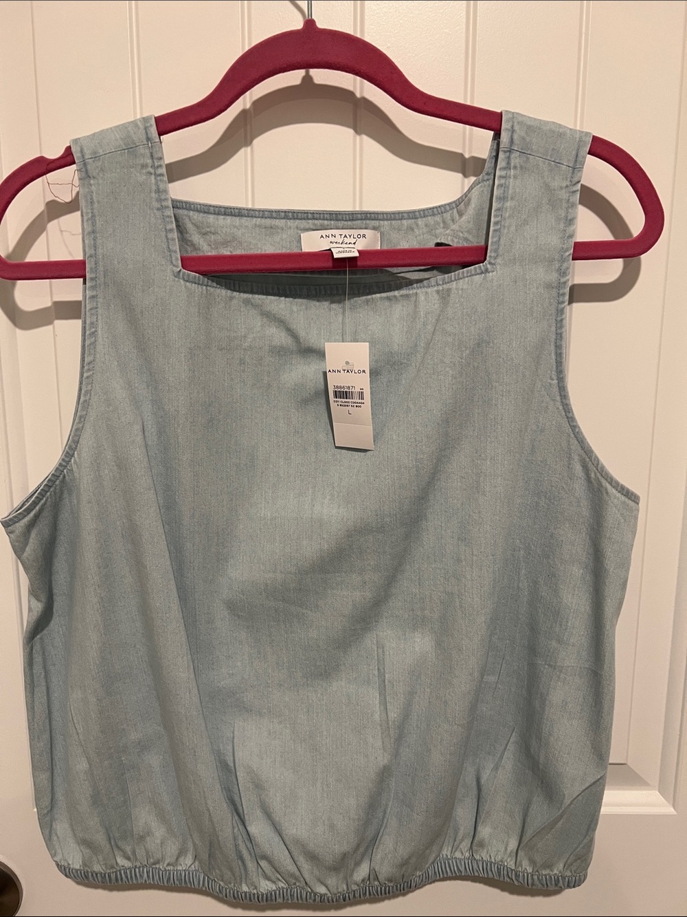 Ann Taylor Bubble-hem Light Chambray Square Neck large Tank - Pale Blue